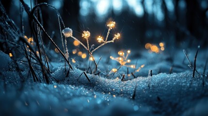 Poster - Delicate illuminated flora sparkles softly within winters snowy embrace