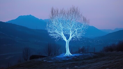Poster - A radiant luminous tree standing on a hill at dusk