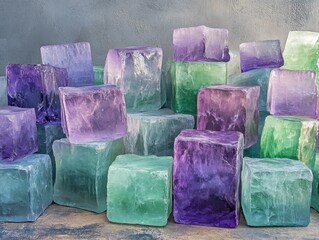 Poster - Arrangement of colorful crystalline structures in shades of purple green and blue against a textured backdrop suggesting geological formations and mineral compositions.