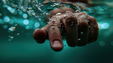 Poster - A submerged hand reaches out surrounded by water bubbles and light