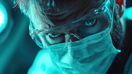 Poster - A focused surgeon wearing protective gear and medical mask