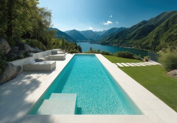 Wall Mural - modern pool with lounge seating overlooking a scenic lake and lush green mountains under a clear sky