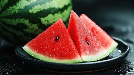 Poster - Sliced refreshing watermelon wedges on a dark plate with whole melon
