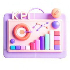 Fototapete - A colorful 3D representation of KPI metrics featuring graphs and circular elements against a modern backdrop.