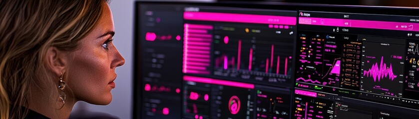 Poster - Woman analyzing data displayed across multiple computer monitors carefully