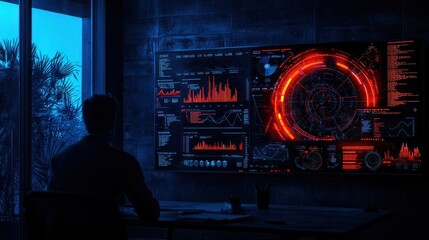 Poster - A person monitors data visuals on a large screen indoors