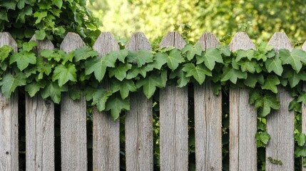 Poster - A wooden fence with green leaves growing upon its surface