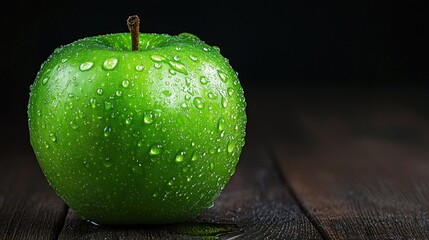 Poster - A Bright Green Apple Covered in Water Droplets on Wood