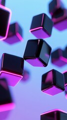 Poster - Abstract composition of floating dark cubes with glowing neon edges against a gradient blue-purple background creating depth and modern digital art.