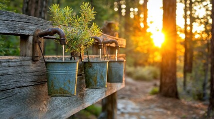 Aufkleber - Three weathered metal buckets with water plants on wooden fence