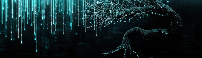 Poster - An illuminated digital tree with data stream against dark background