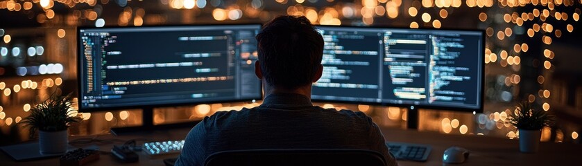 Poster - A programmer works on code displayed on multiple computer screens