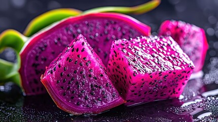 Poster - Sliced vibrant dragon fruit with a beautiful wet surface detail