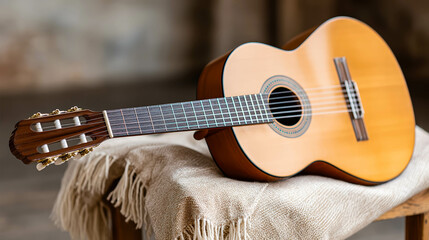 Aufkleber - Close up of a Traditional Spanish Guitar on a Wooden Chair With Woven Blanket in Rustic Setting