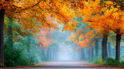 Poster - Crisp Fall Morning Fog Envelops a Tranquil Forest Path Adorned With Golden Leaves