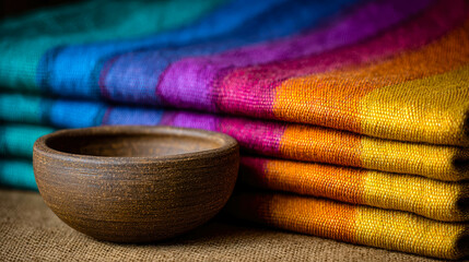 Aufkleber - Colorful Woven Textiles and Handmade Clay Pottery on Linen With Natural Light
