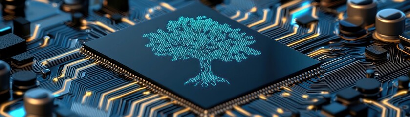 Poster - A computer chip with a tree design displayed prominently on it