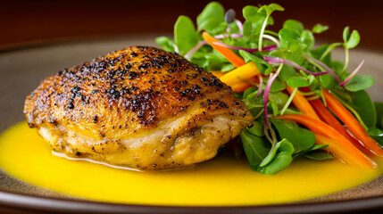 Poster - Oven-roasted Chicken Thigh With Veggies and Microgreens in Natural Light