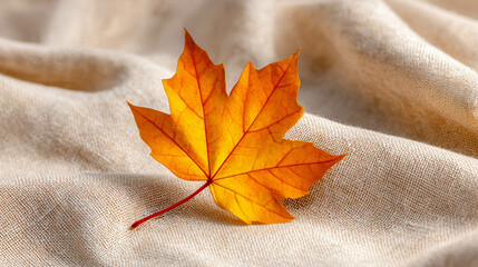 Poster - Dried Maple Leaf Rests Gently on Beige Linen Cloth in Soft Natural Light Showcasing Seasonal Beauty