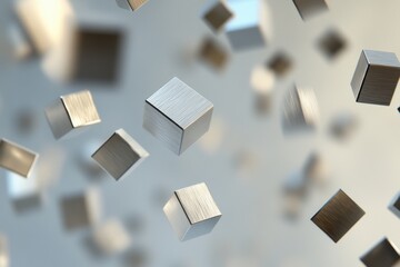 Poster - Abstract composition of metallic cubes floating in mid-air against a soft, blurred background with diffuse lighting and depth of field focus.