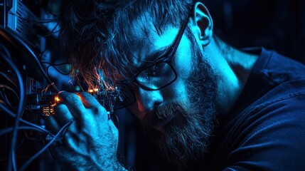 Aufkleber - A bearded man works on electronics with electrical sparks present