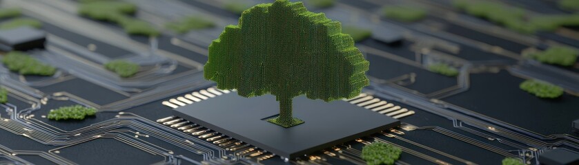 Poster - A green tree sits atop a computer microchip circuit board