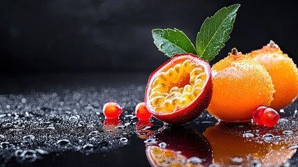 Poster - Fresh passion fruit and other fruits with water droplets on reflective surface