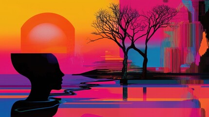 Poster - An abstract illustration depicts a silhouette in a vibrant colorful landscape