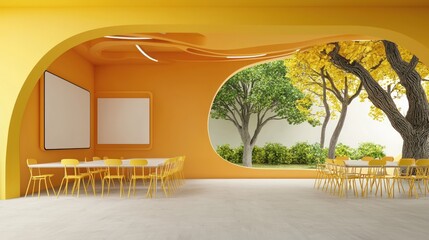 Poster - A Modern Classroom Interior with Yellow Furniture and Outdoor View