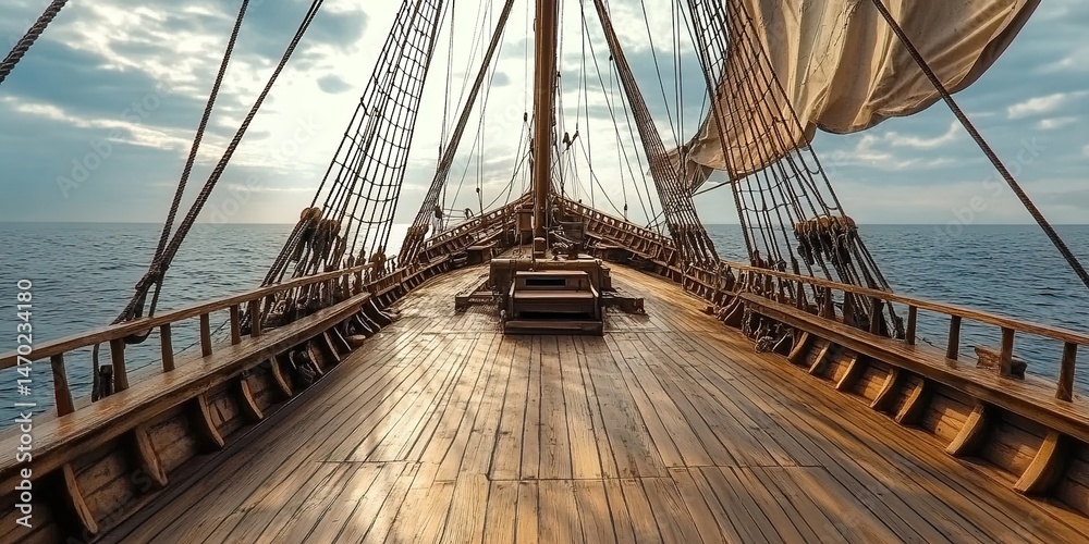 Deck view of old wooden sailing ship with rigging and masts on cloudy ...