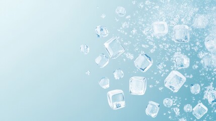 Poster - Floating translucent ice cubes and bubbles against a gradient blue background suggesting freshness and coldness ideal for beverage or refreshment concepts.