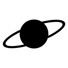 stylized black planet icon with prominent rings on a white background