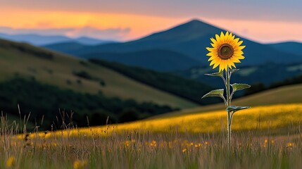 Poster - A solitary sunflower standing tall against a scenic mountain landscape