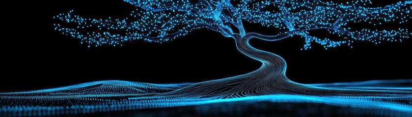 Poster - A digital tree with glowing blue lights growing against black background