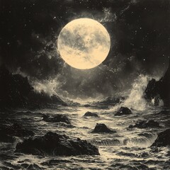 Wall Mural - The full moon dominates the night sky, casting a bright glow over crashing ocean waves and rugged rocks, creating a dramatic contrast between light and dark