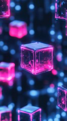 Poster - Glowing neon pink and blue shapes floating in a dark space with blurred bokeh lights creating a futuristic digital art scene