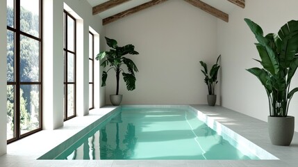 Poster - An indoor swimming pool with large windows and plants