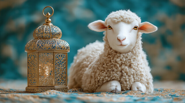 /imagine prompt:Realistic sheep beside elegant podium with Islamic lantern and crescent moon, gold and blue color scheme, soft cloudy background with light rays, festive and peaceful Idul Adha atmosph