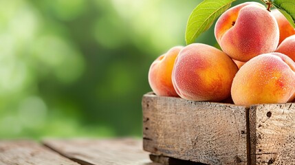 Poster - Fresh ripe peaches are displayed inside a wooden crate nicely