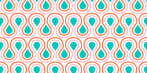 Poster - Retro Water Drop Pattern. The droplets are teal and are surrounded by curved lines in orange and pink. The background is white, providing a clean contrast to the colorful elements.