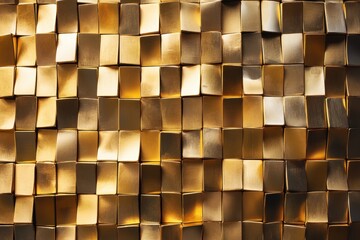 Poster - Abstract golden tiled wall texture lit for a modern and elegant aesthetic. The repeating square pattern creates depth and visual interest. The color is rich gold and highlights a structured wall.