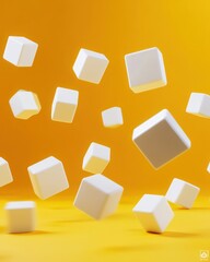 Poster - Levitating white cubes against a vibrant yellow background creating a dynamic and abstract composition. High angle shot with soft lighting highlighting the forms and shadows.