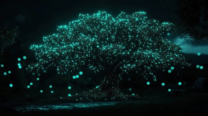 Poster - A luminous glowing tree illuminated with magical ethereal green lights