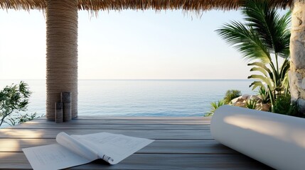 Poster - Coastal architecture with ocean view seen from wooden deck structure