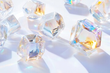 Poster - Close-up shot of multiple clear crystal-like objects reflecting light on a white surface with soft shadows. The crystals are of different sizes and shapes offering a sparkling effect.