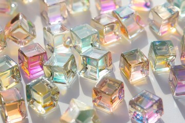 Poster - Close-up shot of multiple iridescent glass cubes arranged on a reflective surface creating a colorful display with soft lighting and blurred background