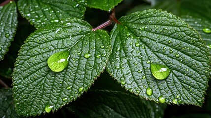 Poster - Two wet green leaves with several shiny water droplets on them