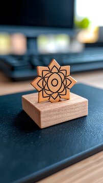 Golden Mandala on Wooden Block on Dark Desk