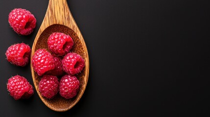 Poster - Fresh red raspberries are gathered on a wooden spoon and surface