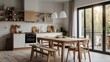 © Farkhanda - light scandinavian kitchen interior with white and wooden dining furniture.